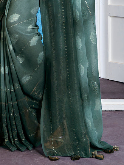 Women's Georgette Teal green Printed Designer Saree With Blouse Piece