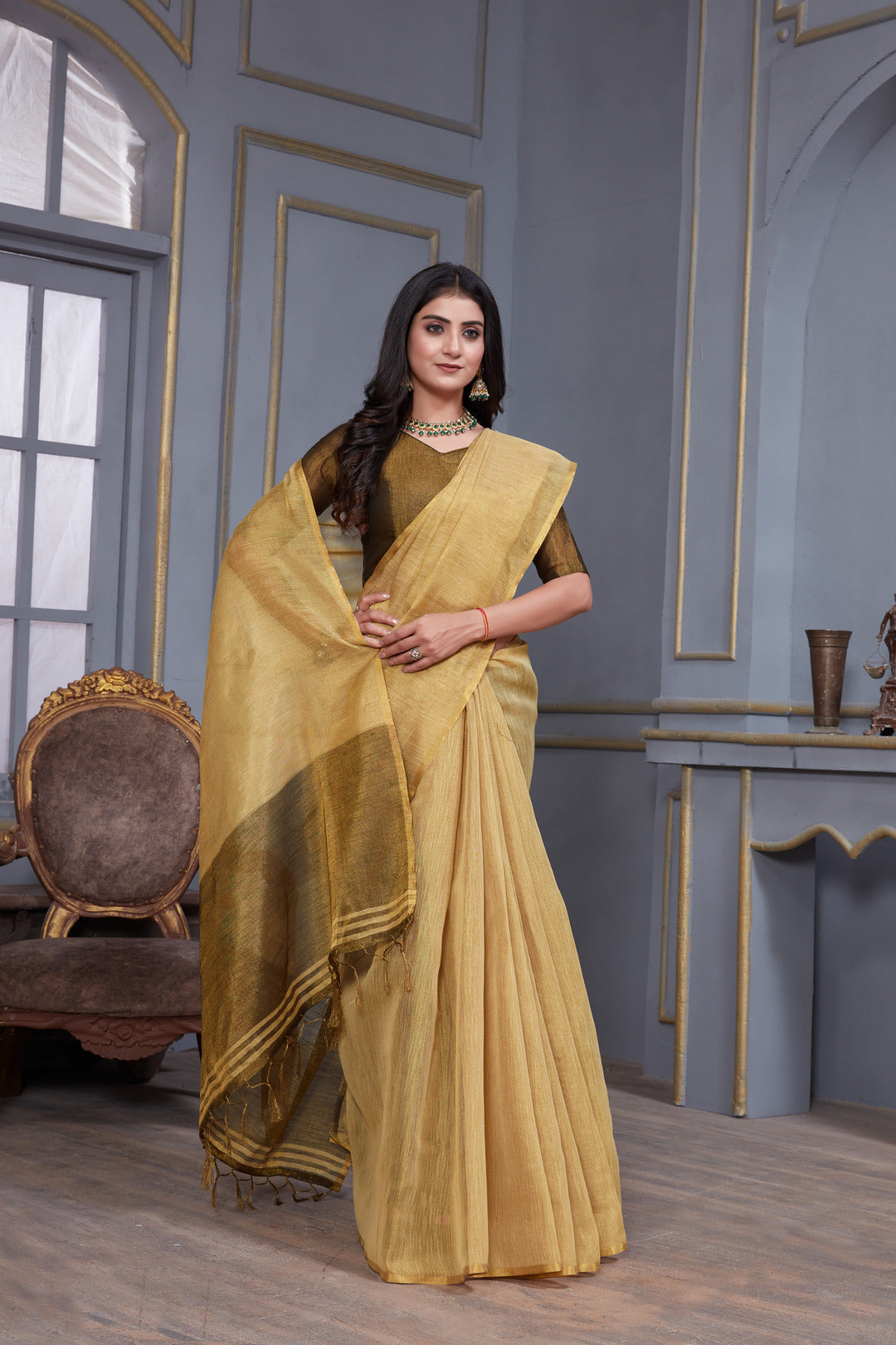 Dhiyona GR Women's Jheel Byrd Beige & Brown Zari Woven Design Linen Jacquard Saree