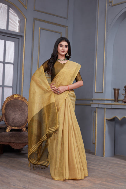 Dhiyona GR Women's Jheel Byrd Beige & Brown Zari Woven Design Linen Jacquard Saree