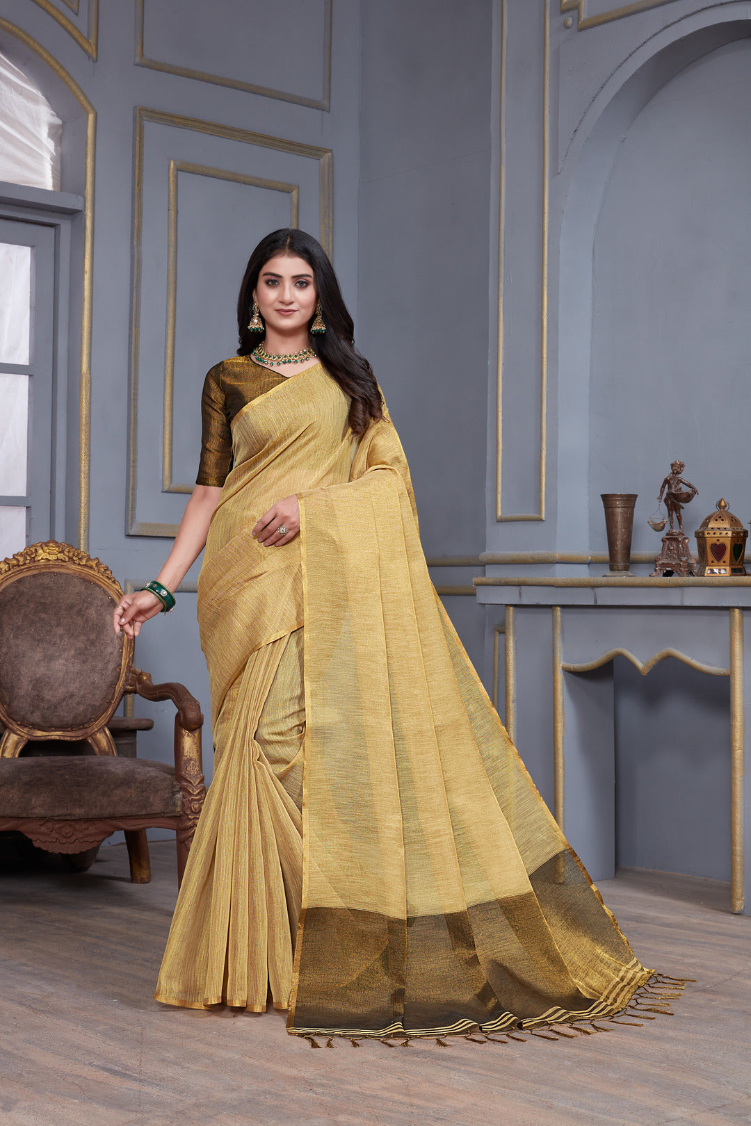 Dhiyona GR Women's Jheel Byrd Beige & Brown Zari Woven Design Linen Jacquard Saree