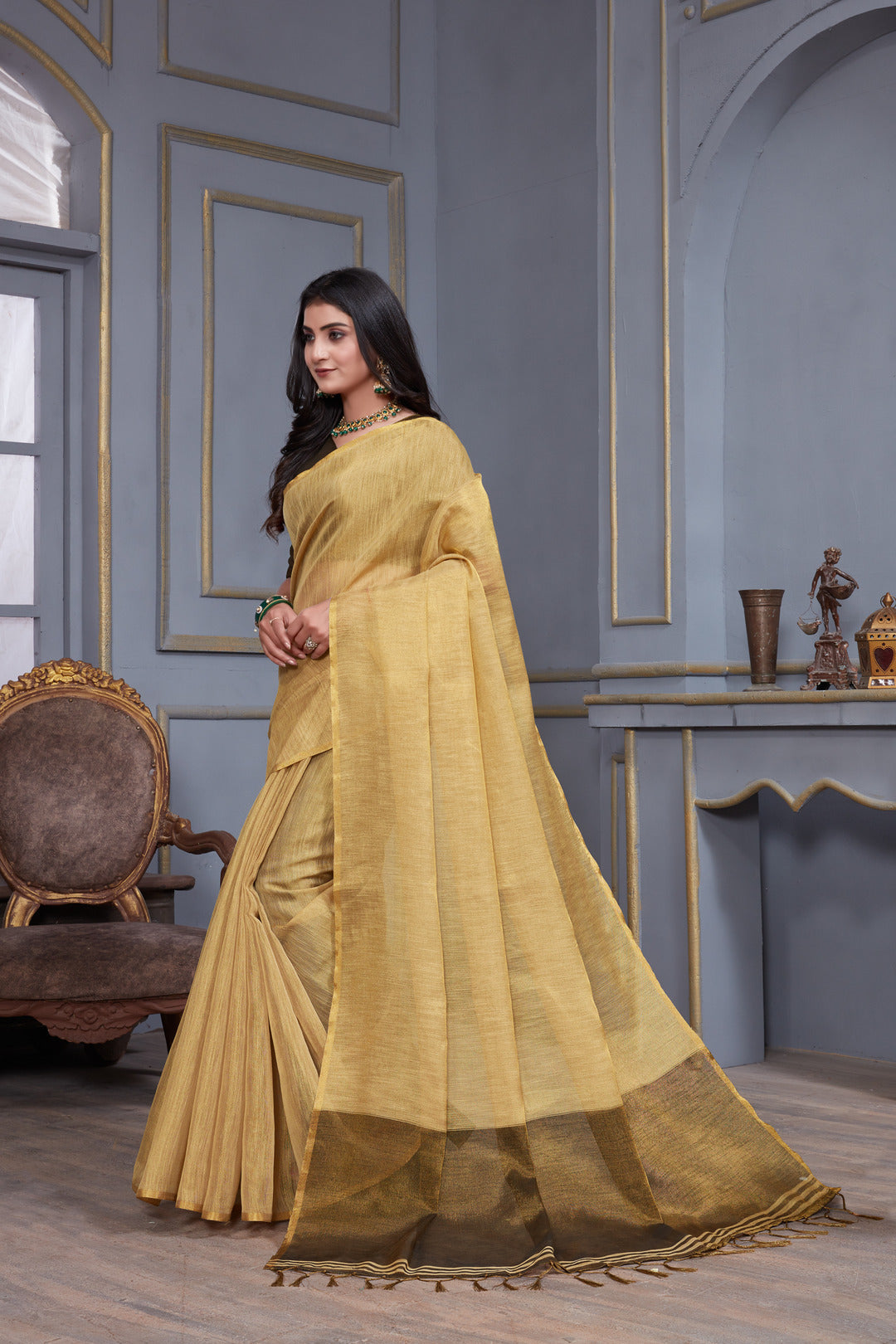 Dhiyona GR Women's Jheel Byrd Beige & Brown Zari Woven Design Linen Jacquard Saree