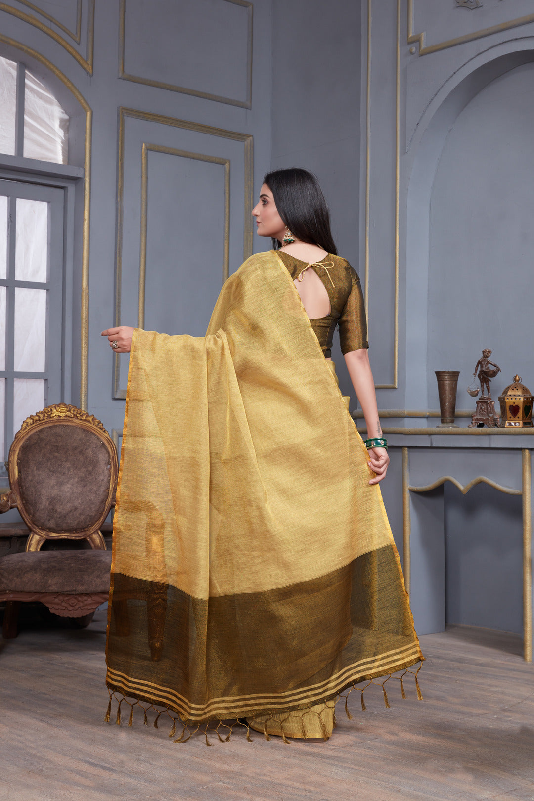 Dhiyona GR Women's Jheel Byrd Beige & Brown Zari Woven Design Linen Jacquard Saree