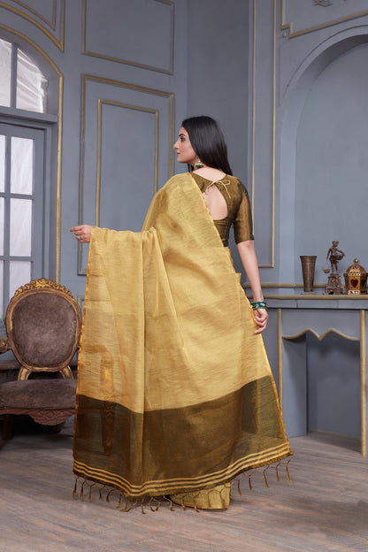Dhiyona GR Women's Jheel Byrd Beige & Brown Zari Woven Design Linen Jacquard Saree
