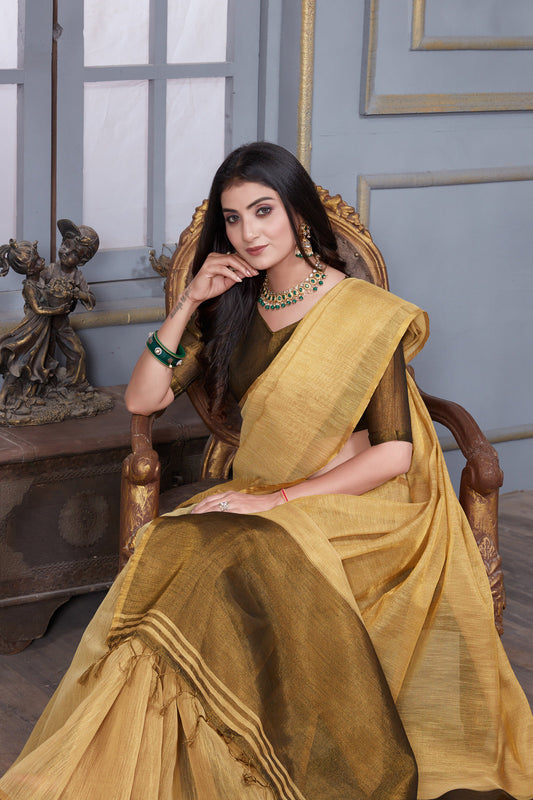Dhiyona GR Women's Jheel Byrd Beige & Brown Zari Woven Design Linen Jacquard Saree