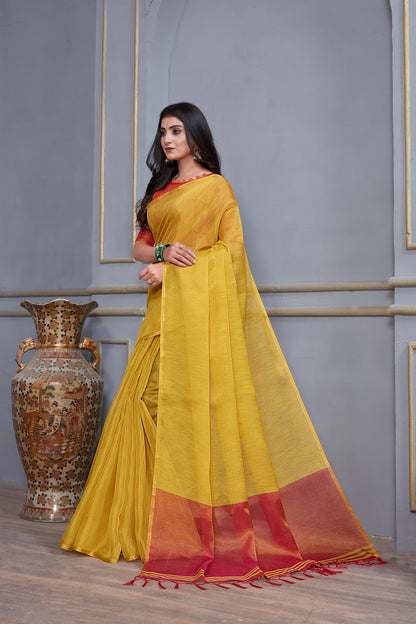 Dhiyona GR Women's Jheel Honey Gold & Red Zari Woven Design Linen Jacquard Saree