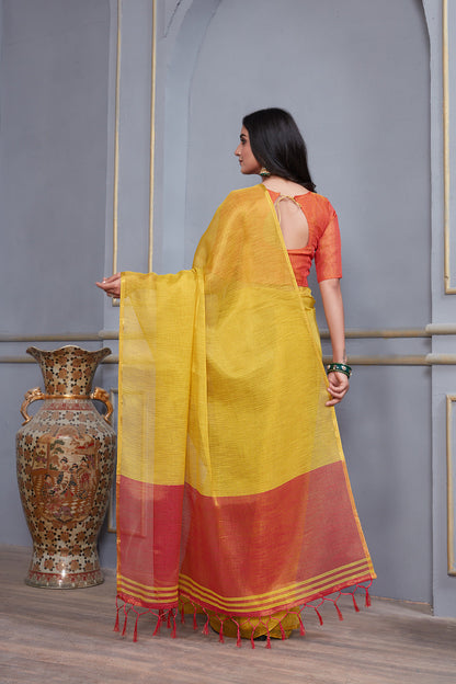 Dhiyona GR Women's Jheel Honey Gold & Red Zari Woven Design Linen Jacquard Saree