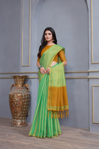 Dhiyona GR Women's Jheel Fern Green & Gold Zari Woven Design Linen Jacquard Saree