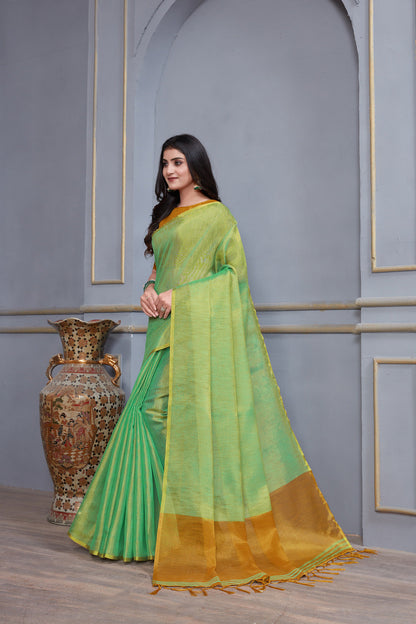 Dhiyona GR Women's Jheel Fern Green & Gold Zari Woven Design Linen Jacquard Saree