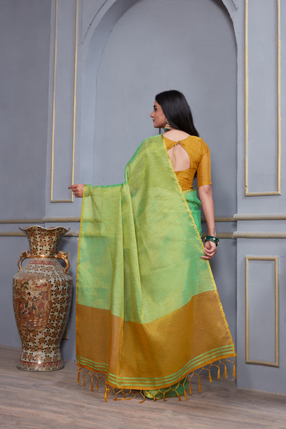 Dhiyona GR Women's Jheel Fern Green & Gold Zari Woven Design Linen Jacquard Saree
