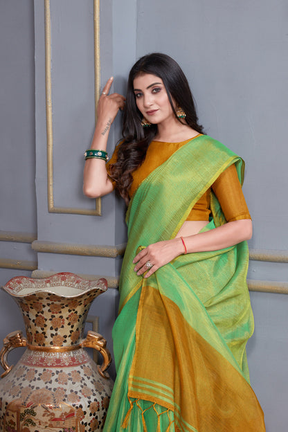 Dhiyona GR Women's Jheel Fern Green & Gold Zari Woven Design Linen Jacquard Saree