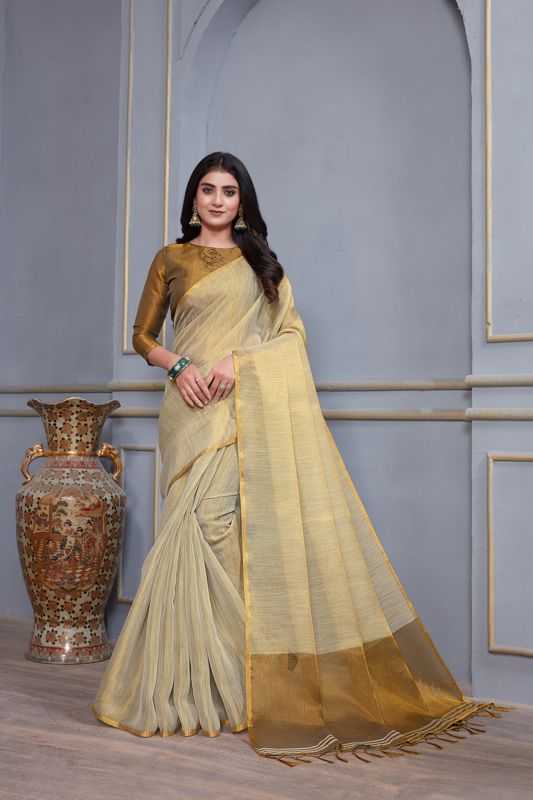 Dhiyona GR Women's Jheel Frost Grey & Gold Zari Woven Design Linen Jacquard Saree