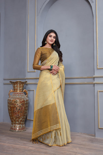 Dhiyona GR Women's Jheel Frost Grey & Gold Zari Woven Design Linen Jacquard Saree