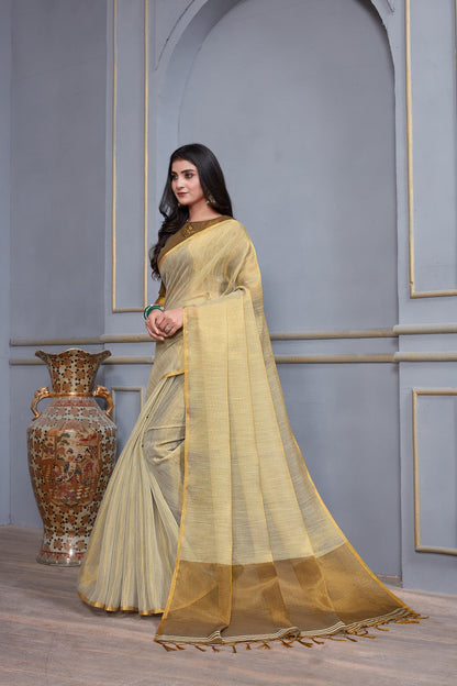 Dhiyona GR Women's Jheel Frost Grey & Gold Zari Woven Design Linen Jacquard Saree