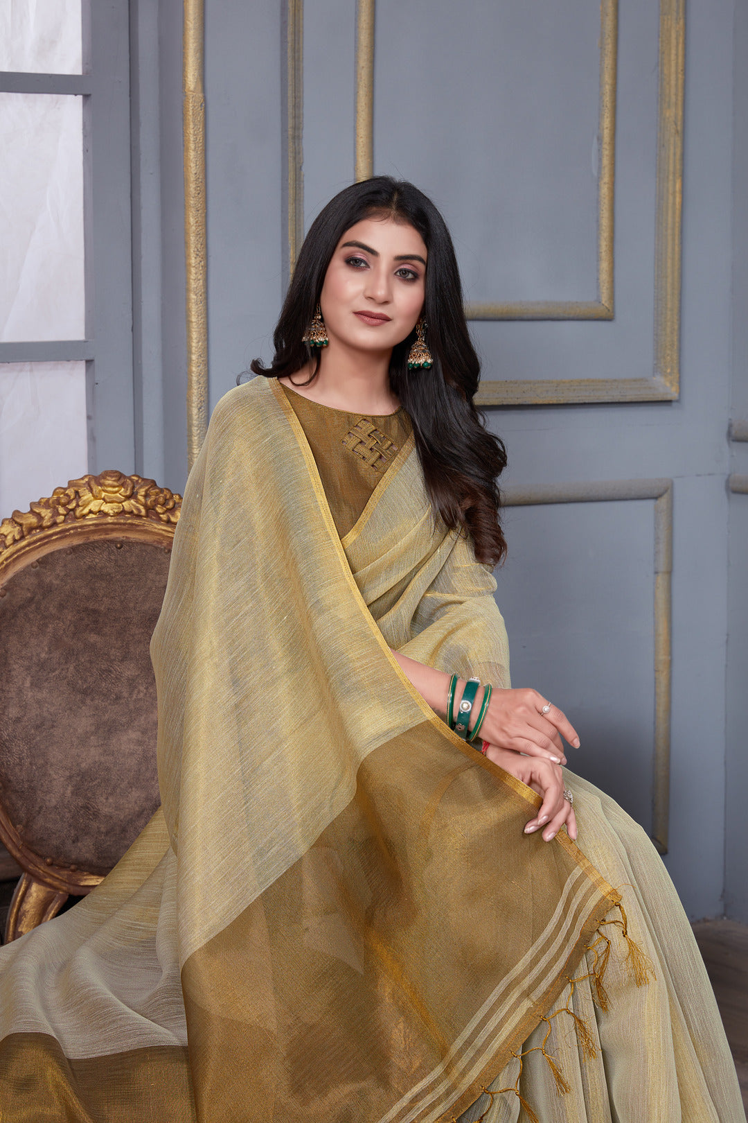 Dhiyona GR Women's Jheel Frost Grey & Gold Zari Woven Design Linen Jacquard Saree