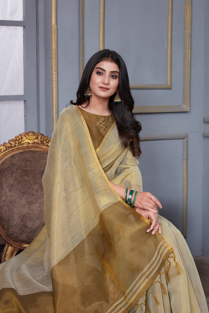 Dhiyona GR Women's Jheel Frost Grey & Gold Zari Woven Design Linen Jacquard Saree