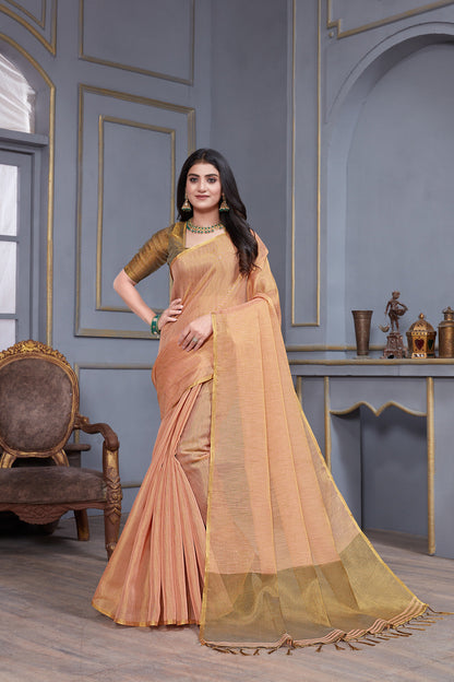 Dhiyona GR Women's Jheel Peachy Pink & Gold Zari Woven Design Linen Jacquard Saree