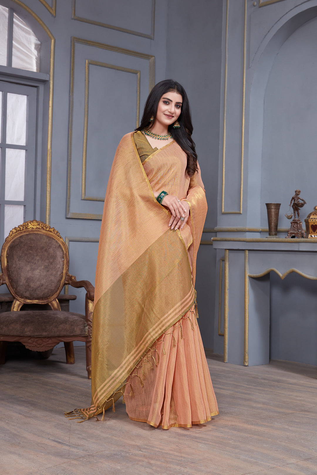 Dhiyona GR Women's Jheel Peachy Pink & Gold Zari Woven Design Linen Jacquard Saree