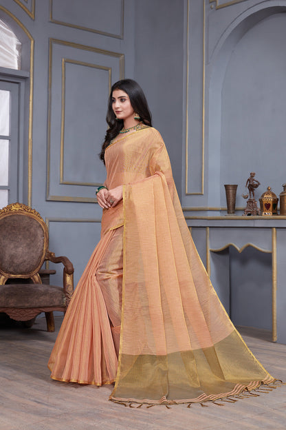 Dhiyona GR Women's Jheel Peachy Pink & Gold Zari Woven Design Linen Jacquard Saree