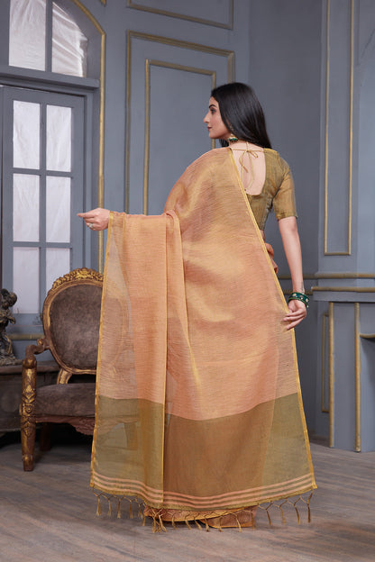 Dhiyona GR Women's Jheel Peachy Pink & Gold Zari Woven Design Linen Jacquard Saree