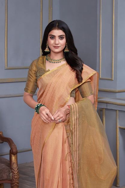 Dhiyona GR Women's Jheel Peachy Pink & Gold Zari Woven Design Linen Jacquard Saree