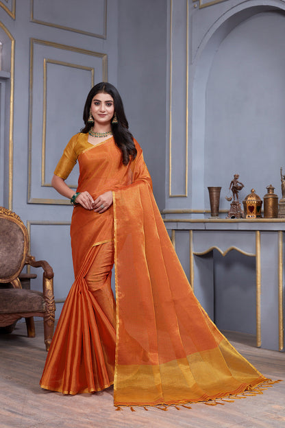 Dhiyona GR Women's Jheel Vermilion Red & Gold Zari Woven Design Linen Jacquard Saree