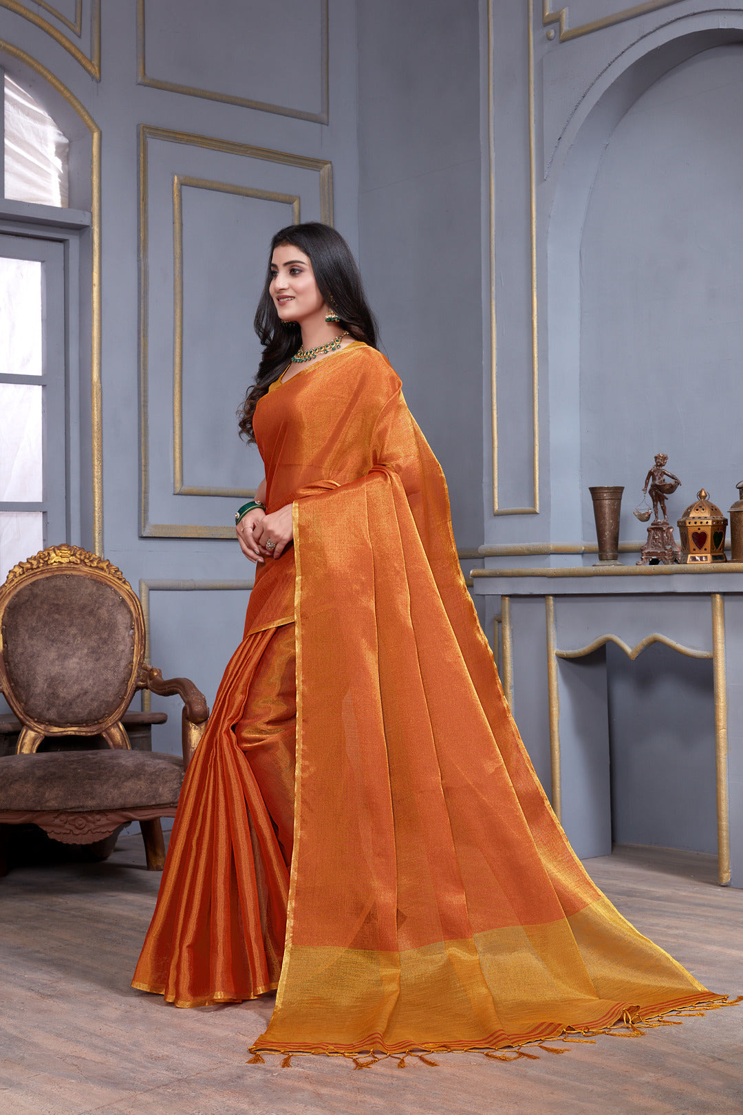 Dhiyona GR Women's Jheel Vermilion Red & Gold Zari Woven Design Linen Jacquard Saree