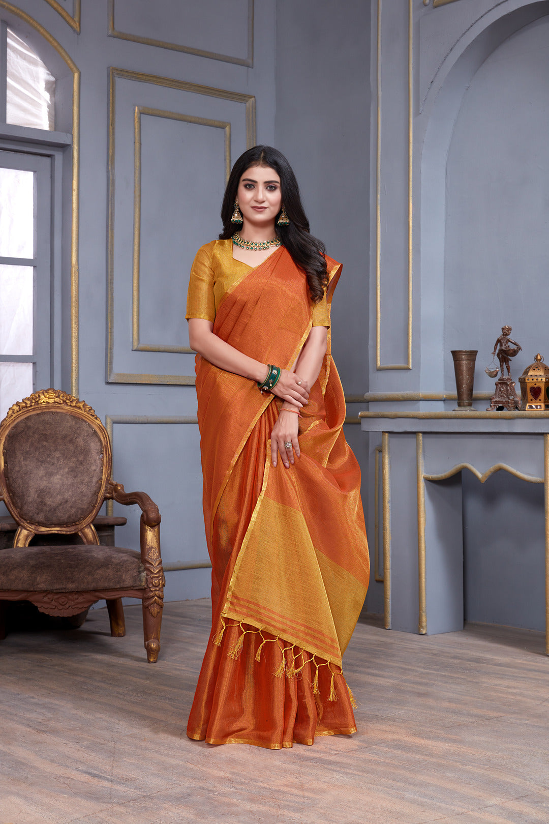Dhiyona GR Women's Jheel Vermilion Red & Gold Zari Woven Design Linen Jacquard Saree