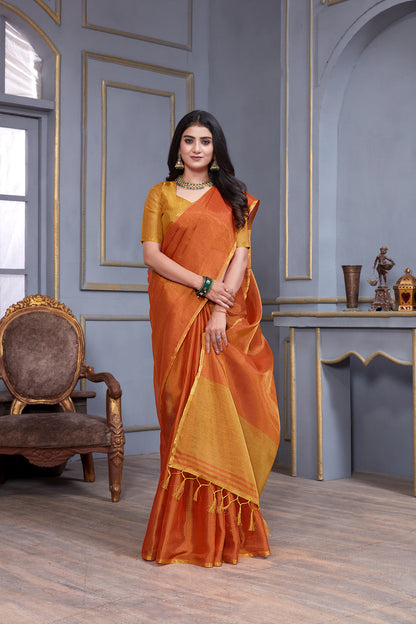 Dhiyona GR Women's Jheel Vermilion Red & Gold Zari Woven Design Linen Jacquard Saree