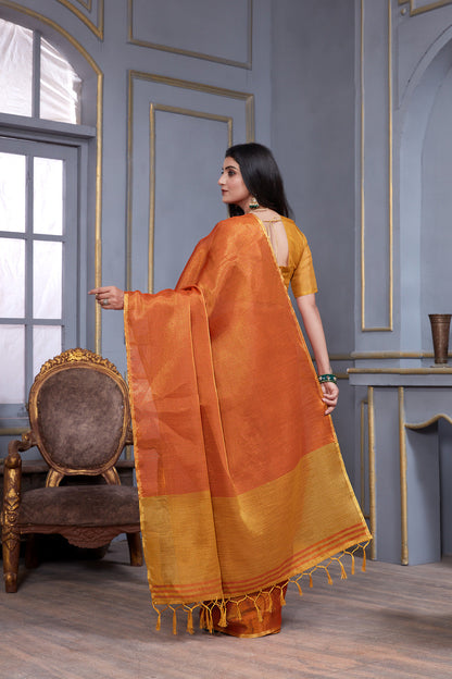 Dhiyona GR Women's Jheel Vermilion Red & Gold Zari Woven Design Linen Jacquard Saree
