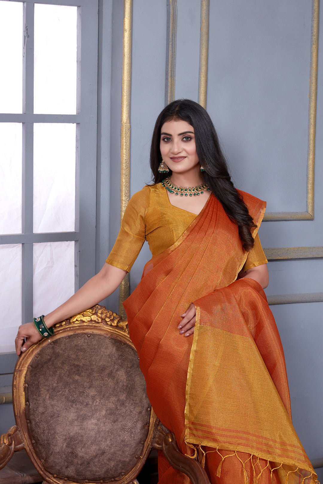 Dhiyona GR Women's Jheel Vermilion Red & Gold Zari Woven Design Linen Jacquard Saree