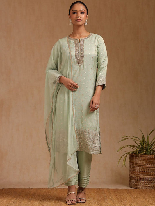 Dhiyona SO Women's Women Floral Woven Design Zardozi Kurta with Trousers & With Dupatta