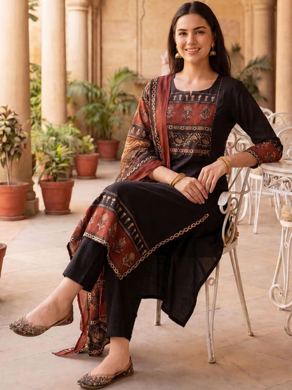 Women Ethnic Motifs Printed Regular Pure Cotton Kurta with Trousers & With Dupatta