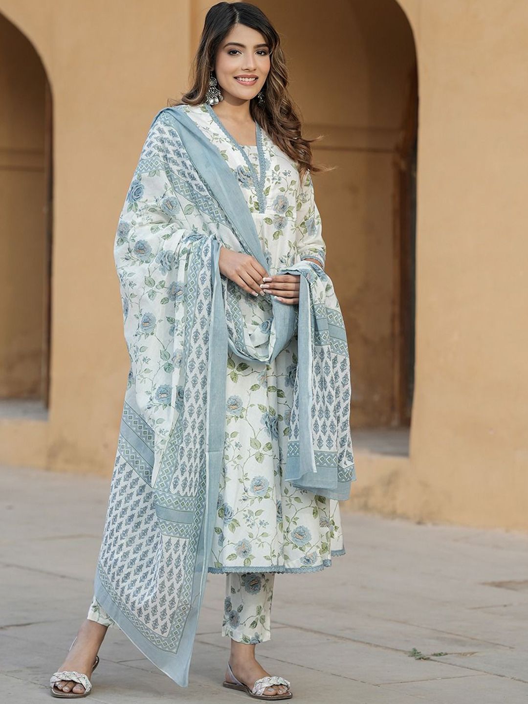 Dhiyona KL Floral Printed V-Neck Anarkali Pure Cotton Kurta With Trousers & Dupatta