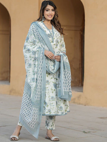 Dhiyona KL Floral Printed V-Neck Anarkali Pure Cotton Kurta With Trousers & Dupatta