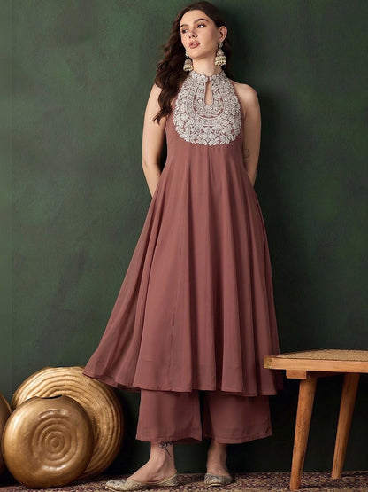 Women Ethnic Motifs Embroidered Regular Thread Work Silk Georgette Kurta with Palazzos