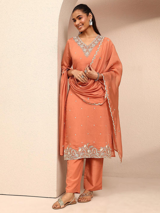 Women Ethnic Motifs Embroidered Regular Thread Work Chanderi Cotton Kurta with Trousers & With Dupatta