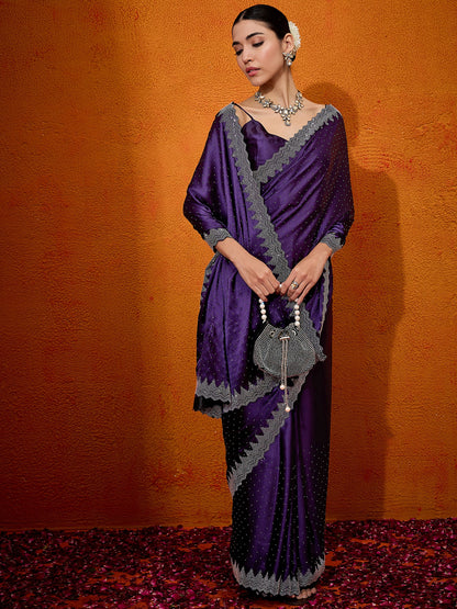 Women's Satin Silk Purple Embellished Designer Saree With Blouse Piece