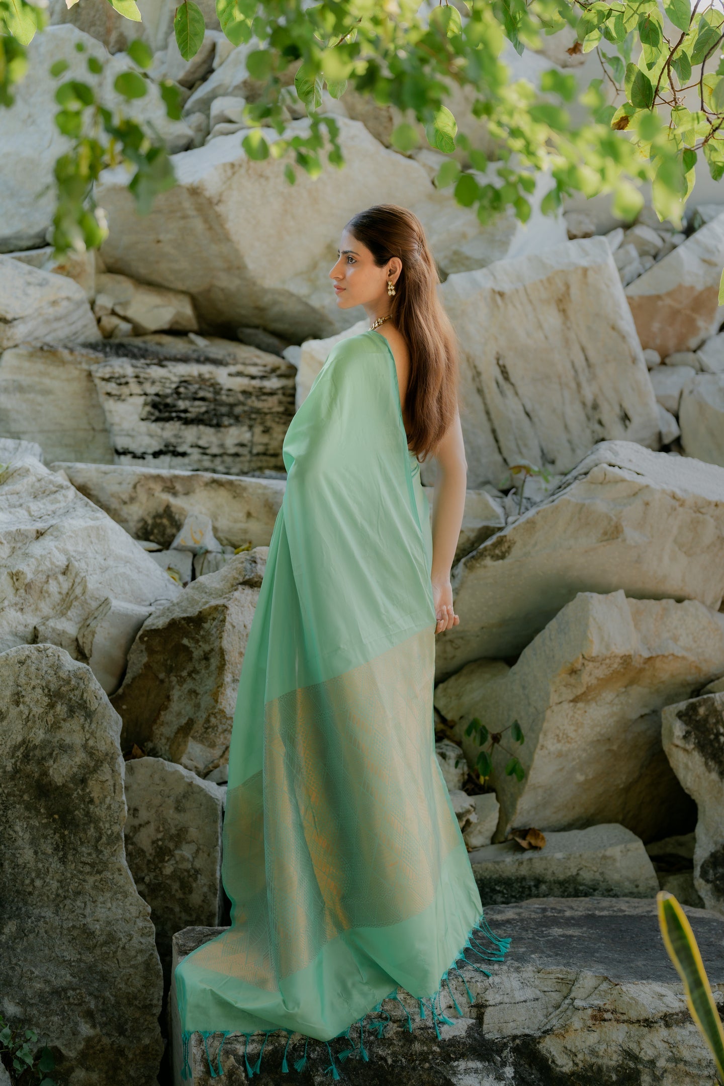 Dhiyona ST Solid Green-Yellow Saree with Woven Jacquard Pallu in Gold & Self Blouse Fabric