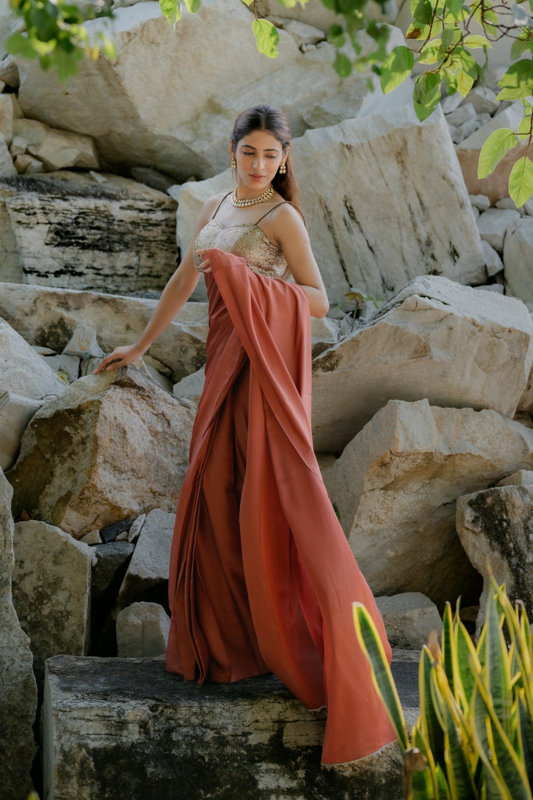 Dhiyona ST Satin Terracotta Saree with Swarovski-Style Lace & Self Blouse Fabric