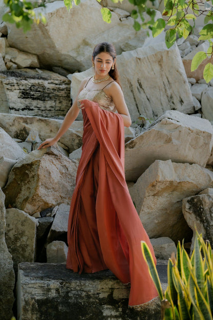 Dhiyona ST Satin Terracotta Saree with Swarovski-Style Lace & Self Blouse Fabric
