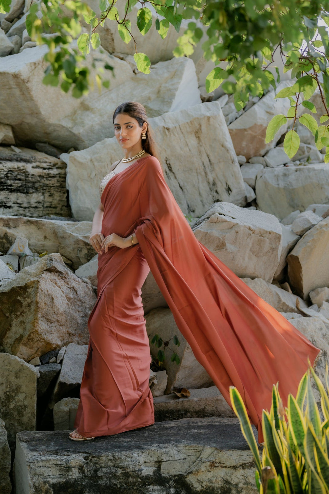 Dhiyona ST Satin Terracotta Saree with Swarovski-Style Lace & Self Blouse Fabric