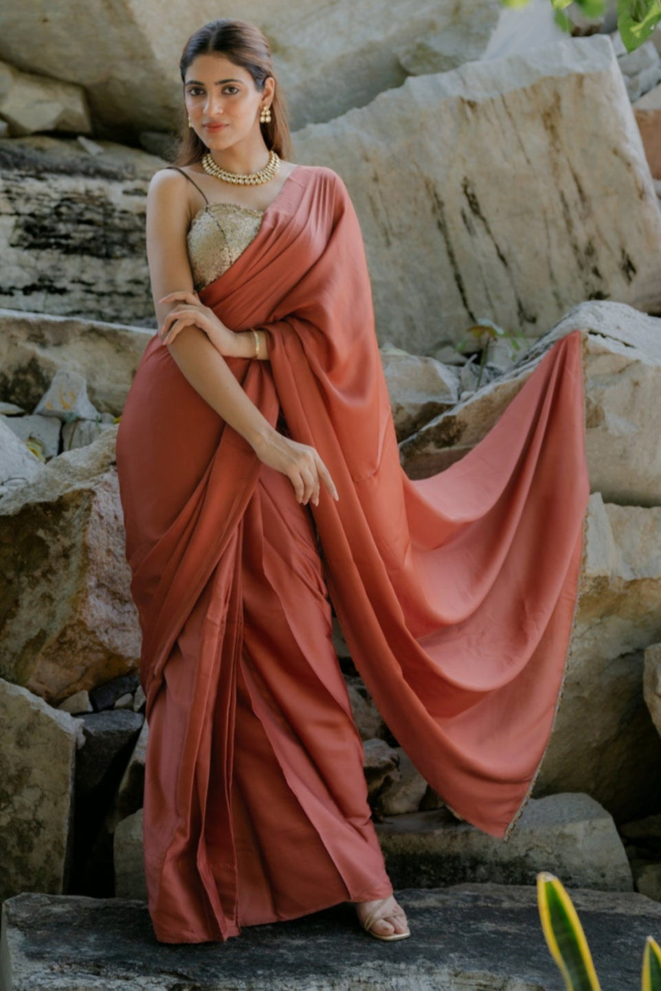Dhiyona ST Satin Terracotta Saree with Swarovski-Style Lace & Self Blouse Fabric