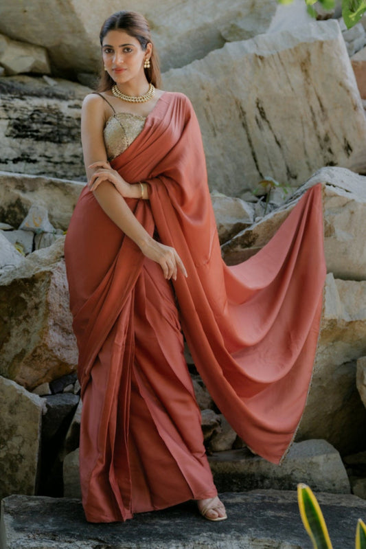 Dhiyona ST Satin Terracotta Saree with Swarovski-Style Lace & Self Blouse Fabric