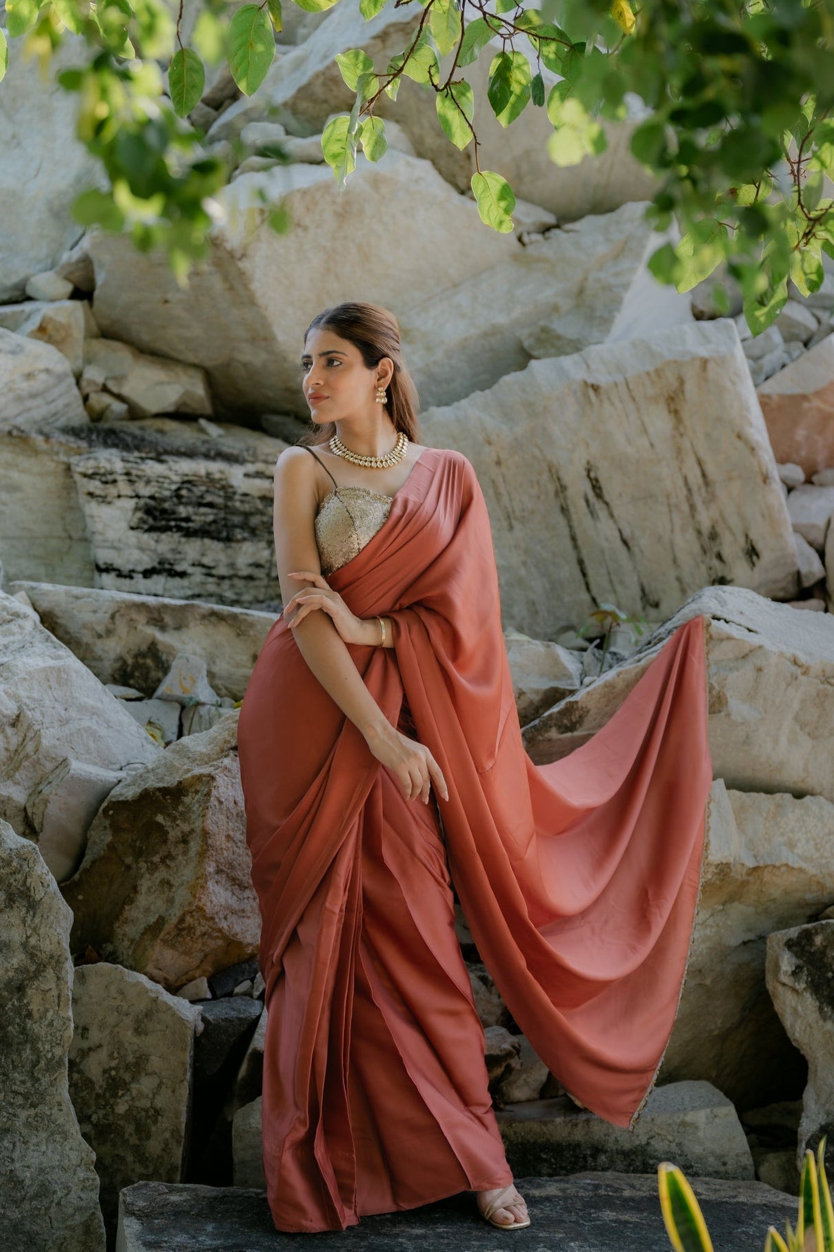 Dhiyona ST Satin Terracotta Saree with Swarovski-Style Lace & Self Blouse Fabric