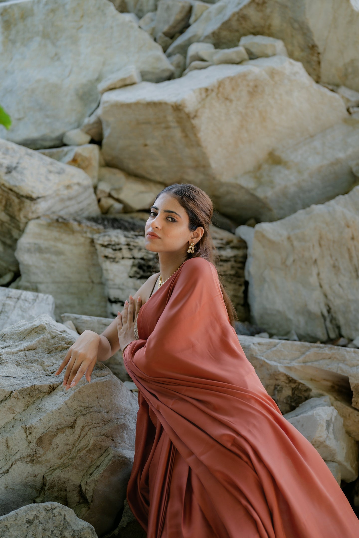 Dhiyona ST Satin Terracotta Saree with Swarovski-Style Lace & Self Blouse Fabric