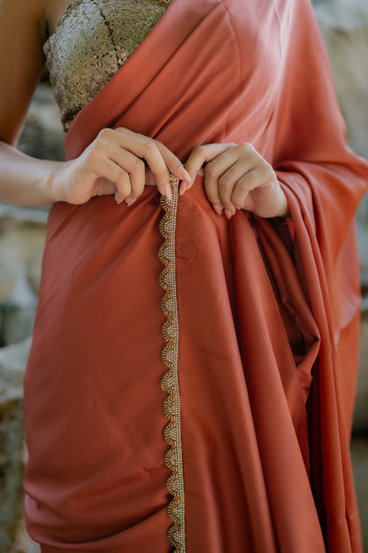 Dhiyona ST Satin Terracotta Saree with Swarovski-Style Lace & Self Blouse Fabric