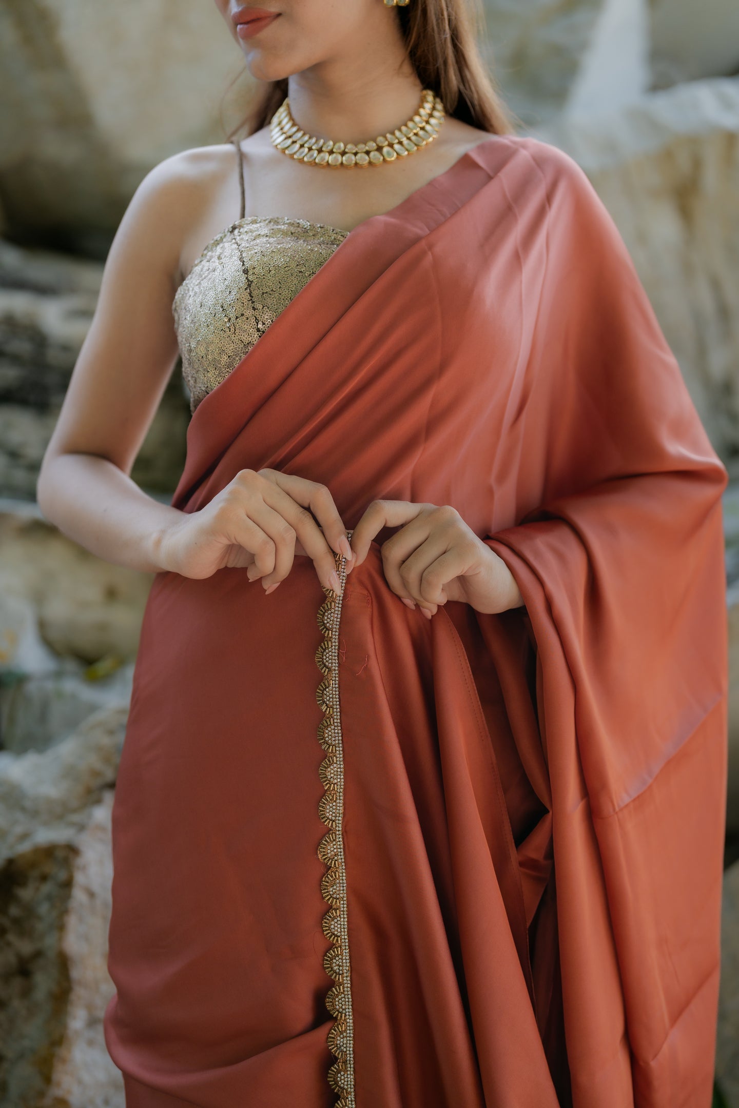 Dhiyona ST Satin Terracotta Saree with Swarovski-Style Lace & Self Blouse Fabric