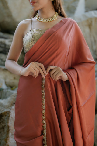Dhiyona ST Satin Terracotta Saree with Swarovski-Style Lace & Self Blouse Fabric