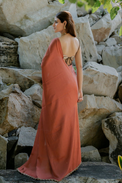 Dhiyona ST Satin Terracotta Saree with Swarovski-Style Lace & Self Blouse Fabric