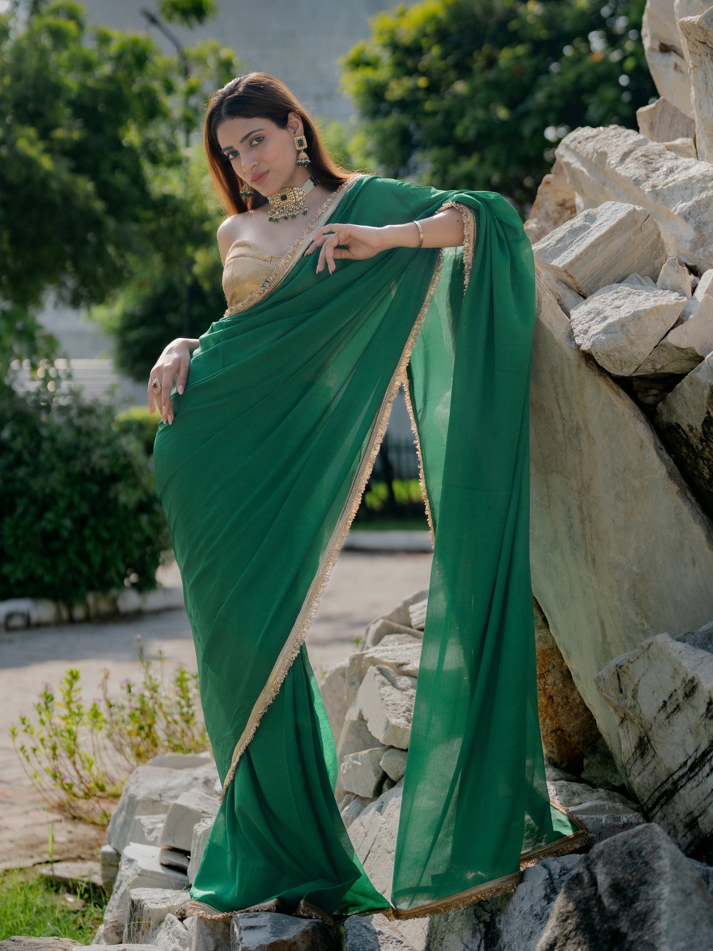 Dhiyona ST Crepe Green Saree with Sequin Laces and Self Blouse Fabric